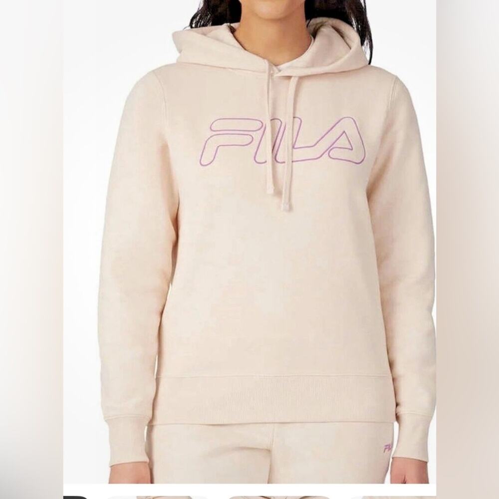 New Fila Ladies Midweight Fleece Pullover Logo Hoodie Large XL Sand Dollar